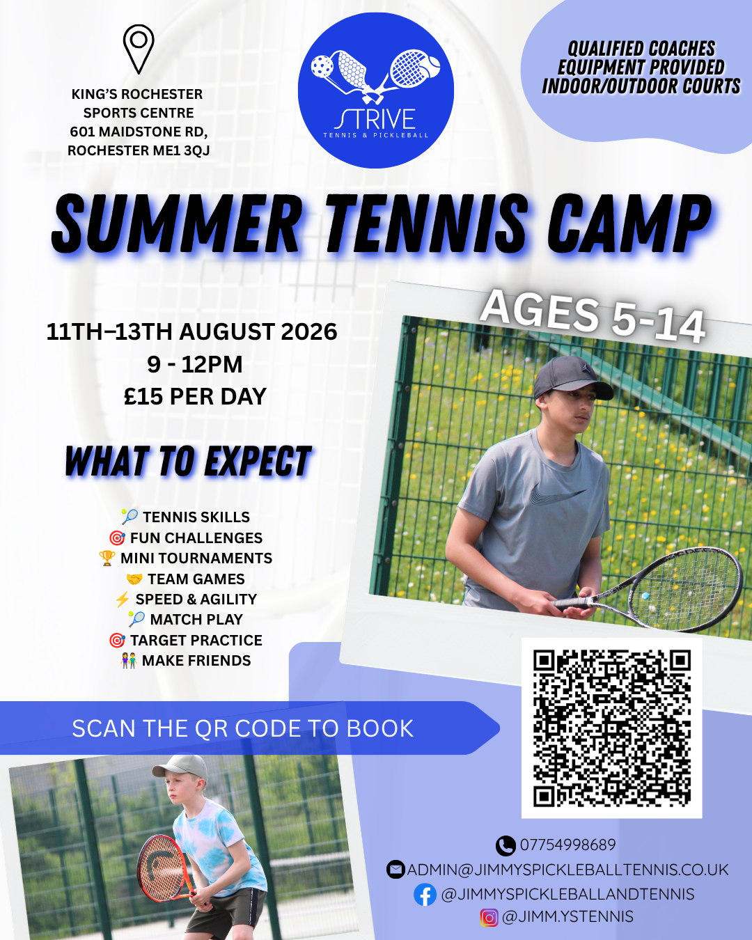 Strive Summer Tennis Camp flyer — 11th–13th August 2026, ages 5–14, £15 per day